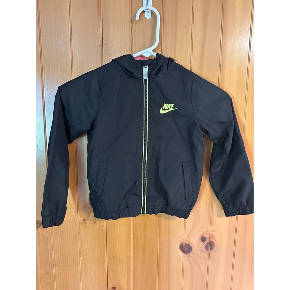 Nike Kids Black Volt Green Hooded‎ Windbreaker Streetwear Jacket Full Zip 4 XS